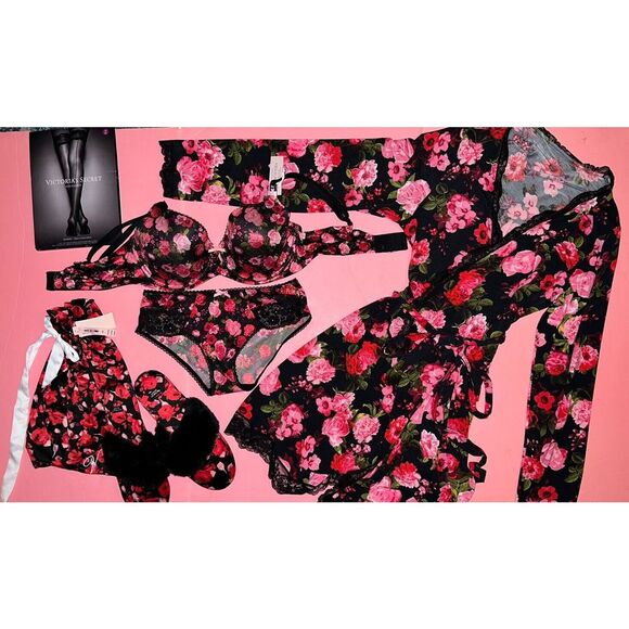 Victoria's Secret 32DDD BRA SET+S Panty+ROBE+slippers BLACK RED Pink ROSES MODAL